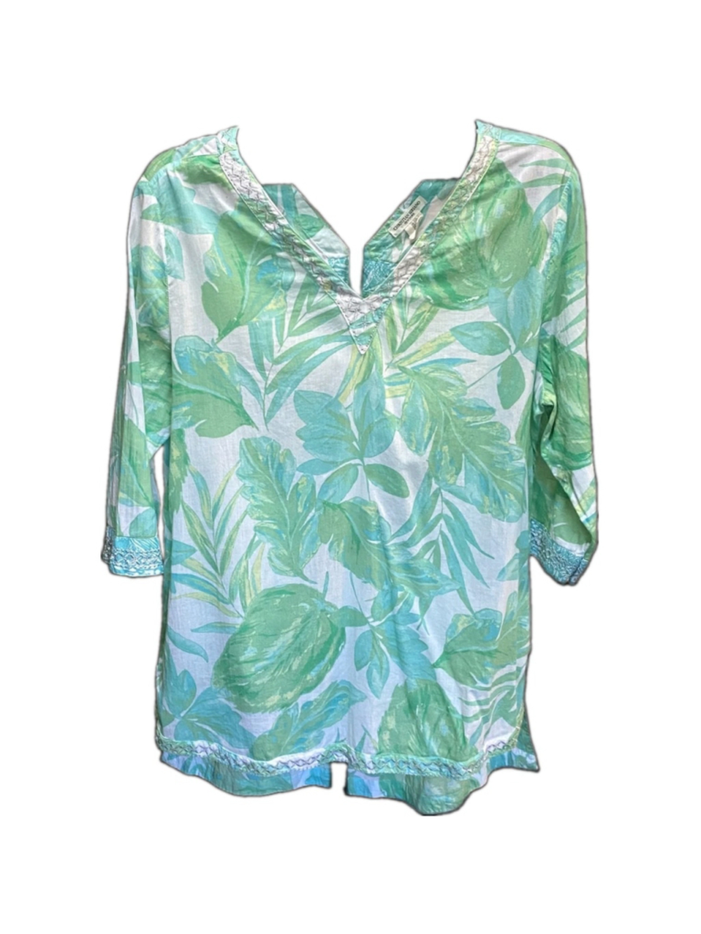 Christian Siriano New York Tropical Leaf Print Cotton Tunic Top Beaded Women L